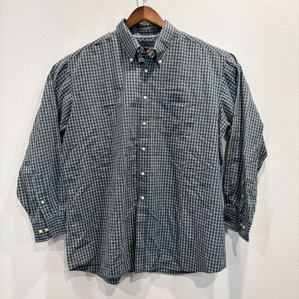 Tommy Hilfiger Mens XL Cotton Long Sleeve Button Shirt Green Blue Checkered